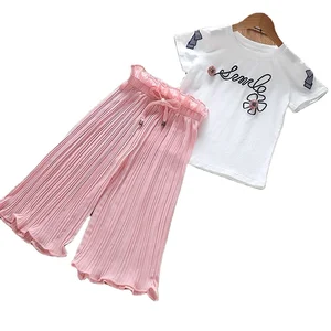 Girls Summer Clothing 2020 New Children's Embroidery Flower T-shirt Chiffon Wide-leg Pants Suit Two-piece Suit