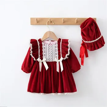 Wholesale Kids Children's Clothes Boutique Infant Toddler Girl's Dresses Vintage Red Velvet Spanish Baby Dress