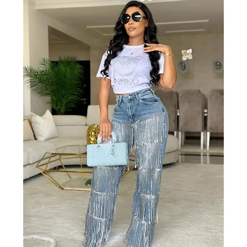 New High Street Fashion Women's Straight Jeans for Sehe with Tassel Design Sequin Embellished Breathable Denim Pencil Pants