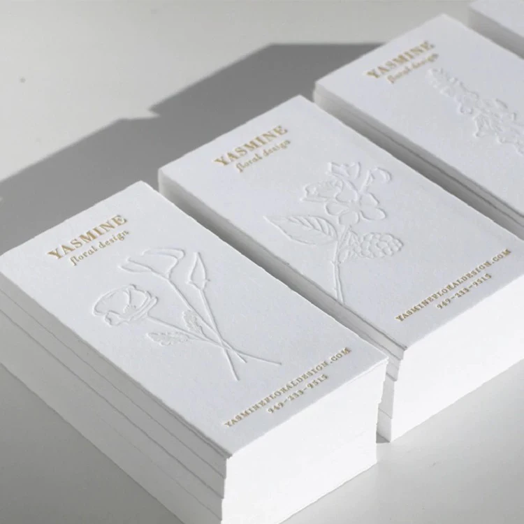 Custom Design and Thickness Embossed Concave  Gold Foil Luxury Cotton Velvet Paper Business Card Thank You Card