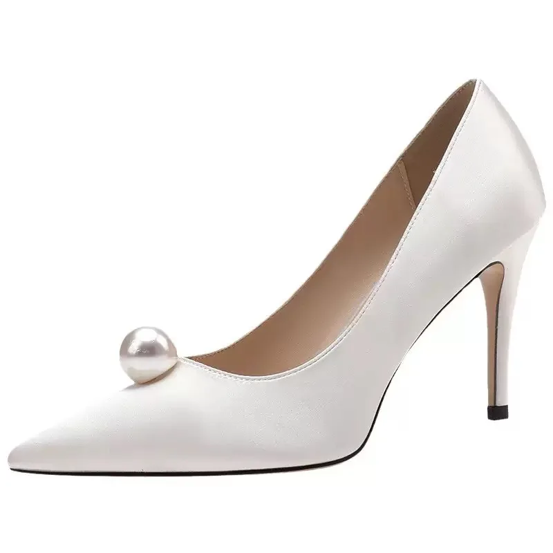 Ladies Bride Shoe Pointed Toe Stiletto Wedding Shoes Set Big Size White Lace Pearls 8 Cm Heel Women