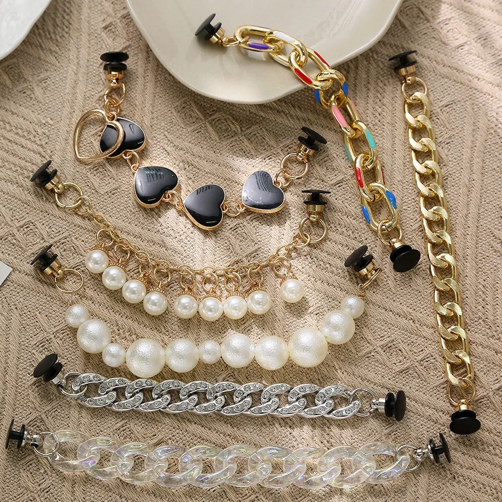 New Design Rhinestone Metal Silver Shiny Heartshaped Pearl Chain Shoes