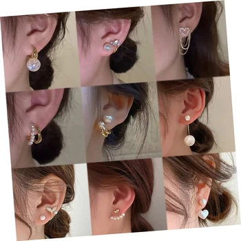 Korean Simple Pearl Crystal Earrings Exquisite Heart Flower Ear Stud Clip Earrings for Women Party Jewelry