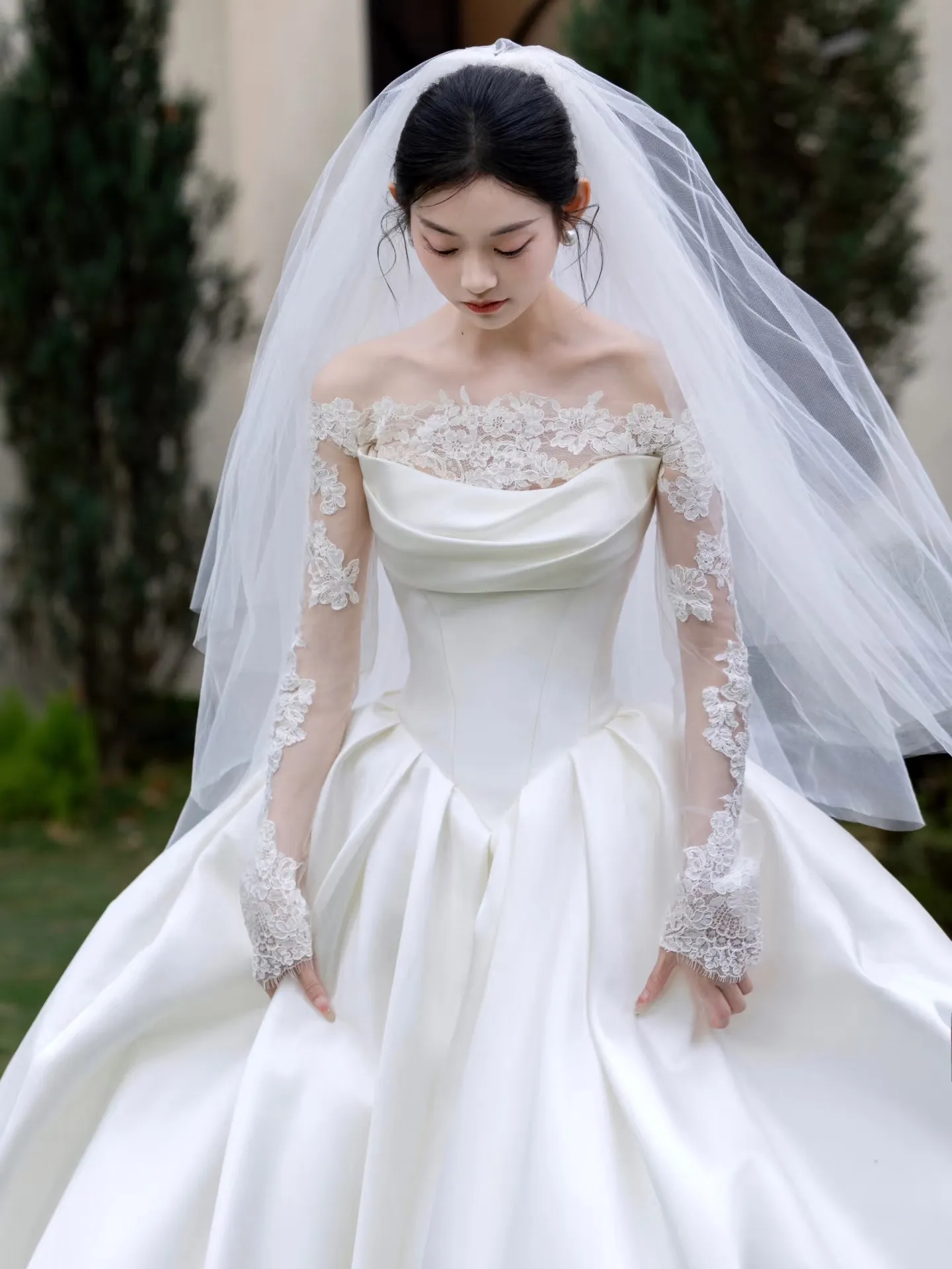 S0567Y 2026 New French-style Off-the-shoulder Satin Long-sleeved a  Fairy-tale Style High-quality and Elegant Wedding Dress
