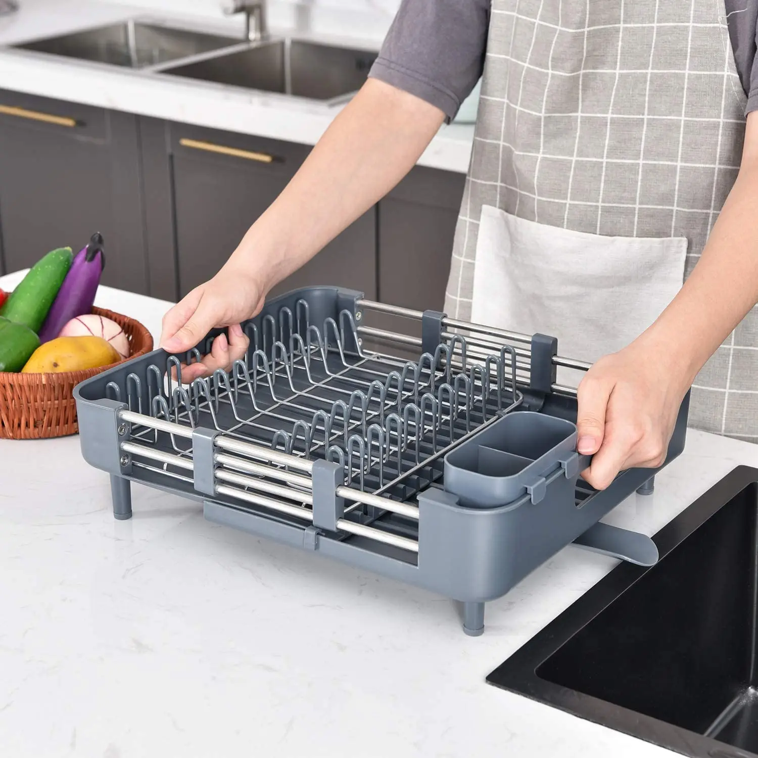 Dish Drying Rack,Kitchen Counter Expandable Dish Rack with Drainboard Spout  Grey