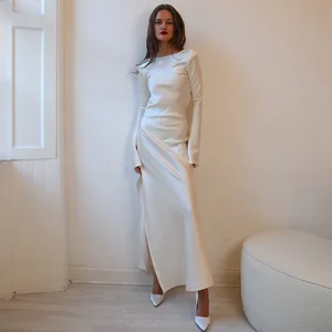 Elegant Women's Spring Autumn Evening Dress Backless Long Sleeve Solid Satin Split Floor-Length Maxi Dress Sexy Club