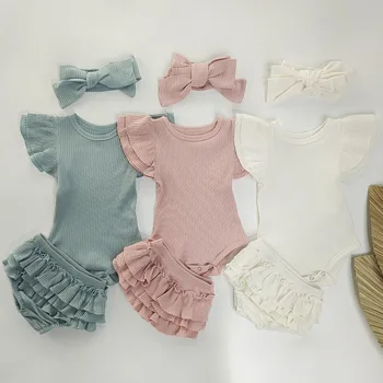 Infant sunken stripe thread short sleeve wooden ear rompers jumpsuit plus shorts suit baby rompers