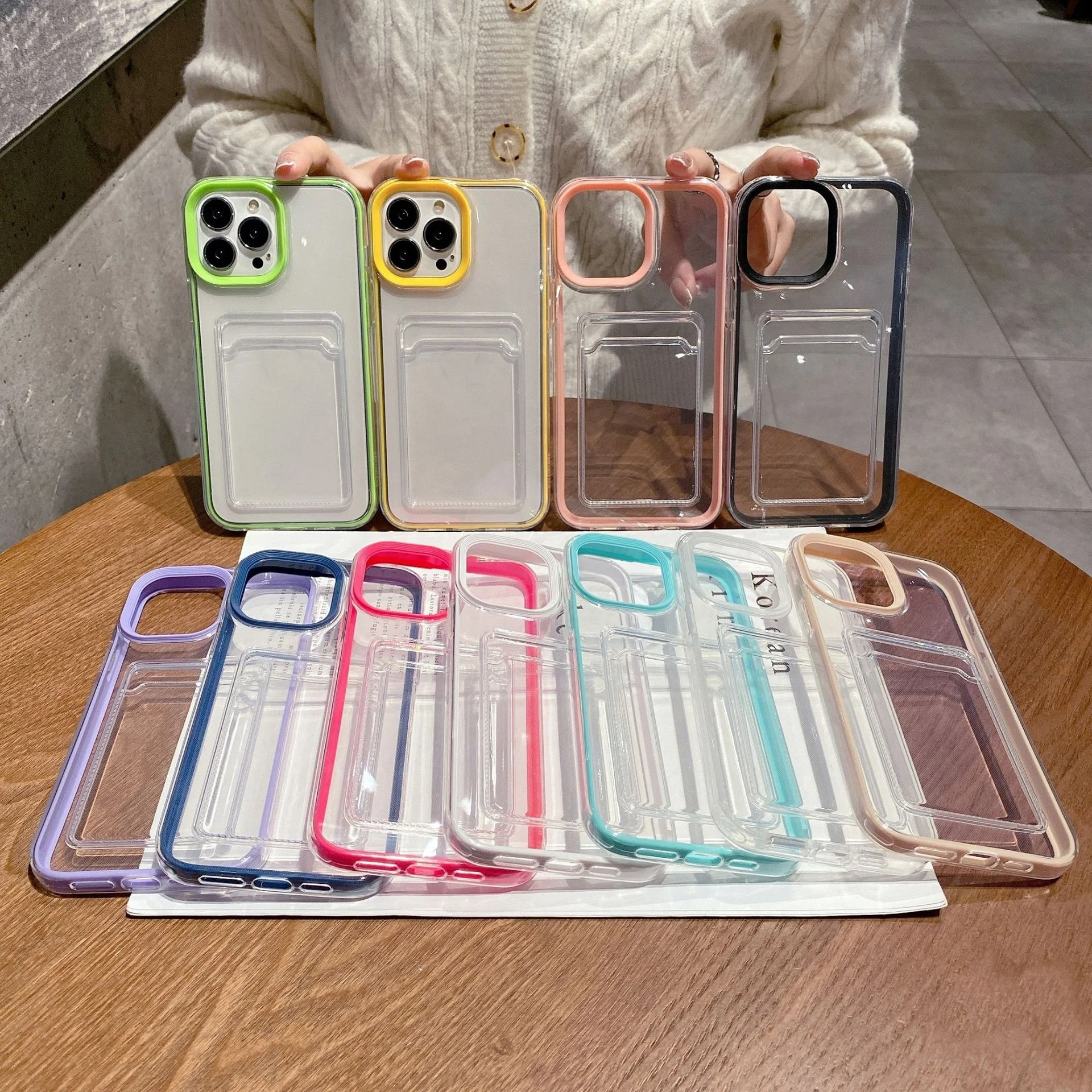 Card Slot Phone Case For Iphone 16 15 14 13 12 11 Plus Pro Max Candy Color Frame Clear Ultra-Thin Soft Protective Cover