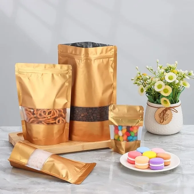 Zip Lock Heat Sealable Stand Up Pouch Gold Matte Resealable Zipper Foil Mylar Bags Window For Chocolate Bar