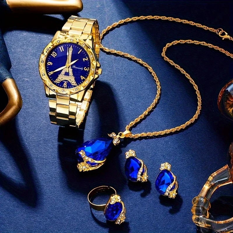 4pcs Jewelry Set  Women's Watch Eiffel Tower Quartz Watch Luxury  Steel Wrist Watch