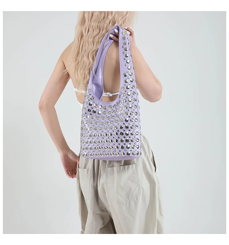 Trendy Vintage Studded Rivet Purses Punk Shoulder Bag for Women Vegan Leather Bucket Designer Underarm Bags