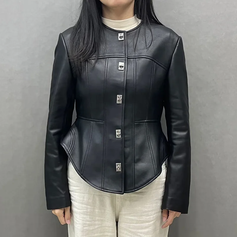 Wholesale Black Leather Coat Genuine Lamb Skin Leather Jacket for Ladies