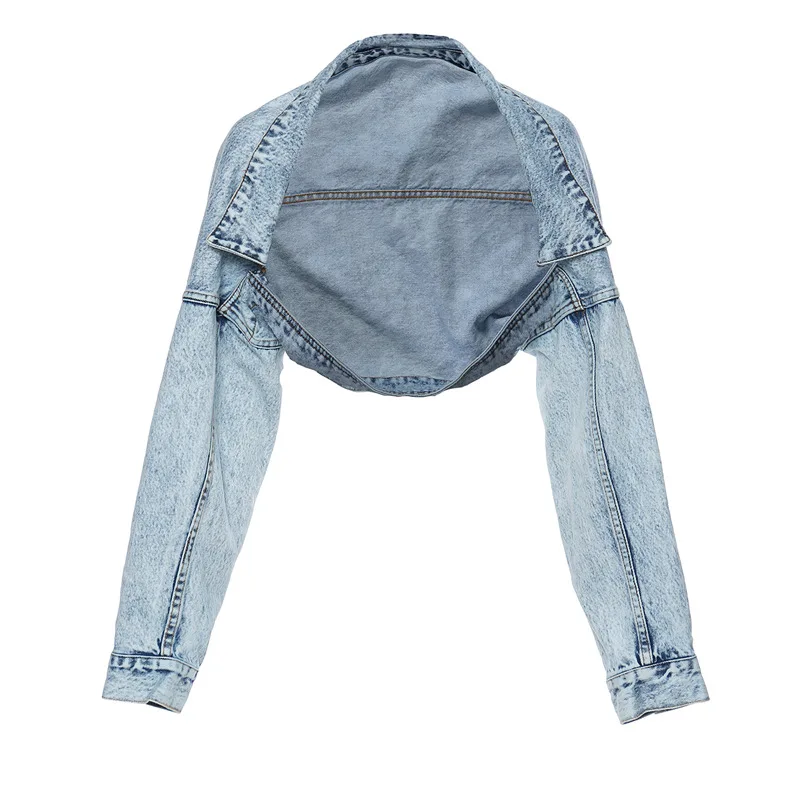 Autumn/winter Personalized Cut off Shoulder Design Biker Jacket Short Denim Jacket