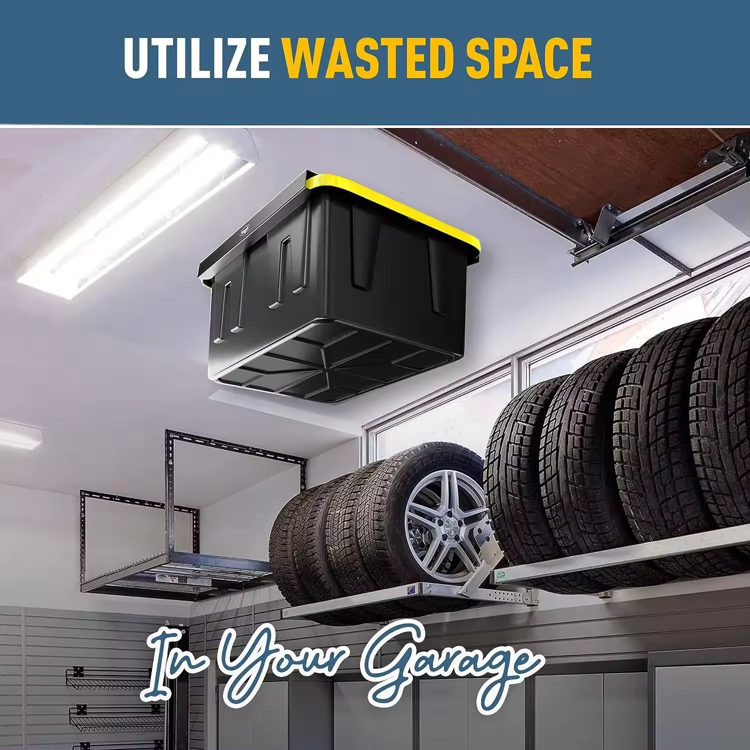 Heavy Duty Ceiling Container Bin Rack Adjustable Width Overhead Garage Storage Rack For Totes