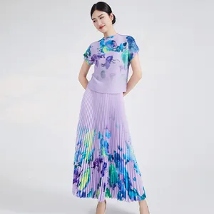 Miyake Pleated Woman Fashion Skirt Two Piece Sets Short Sleeve Pleated Stretch Elastic Top and Printed Pleated Skirt 2 Piece Set
