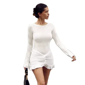 Women's Streetwear Fashion Tight Short-length Breathable Slim Dress Autumn New Elegant Solid Color Regular Sleeves Twist XL