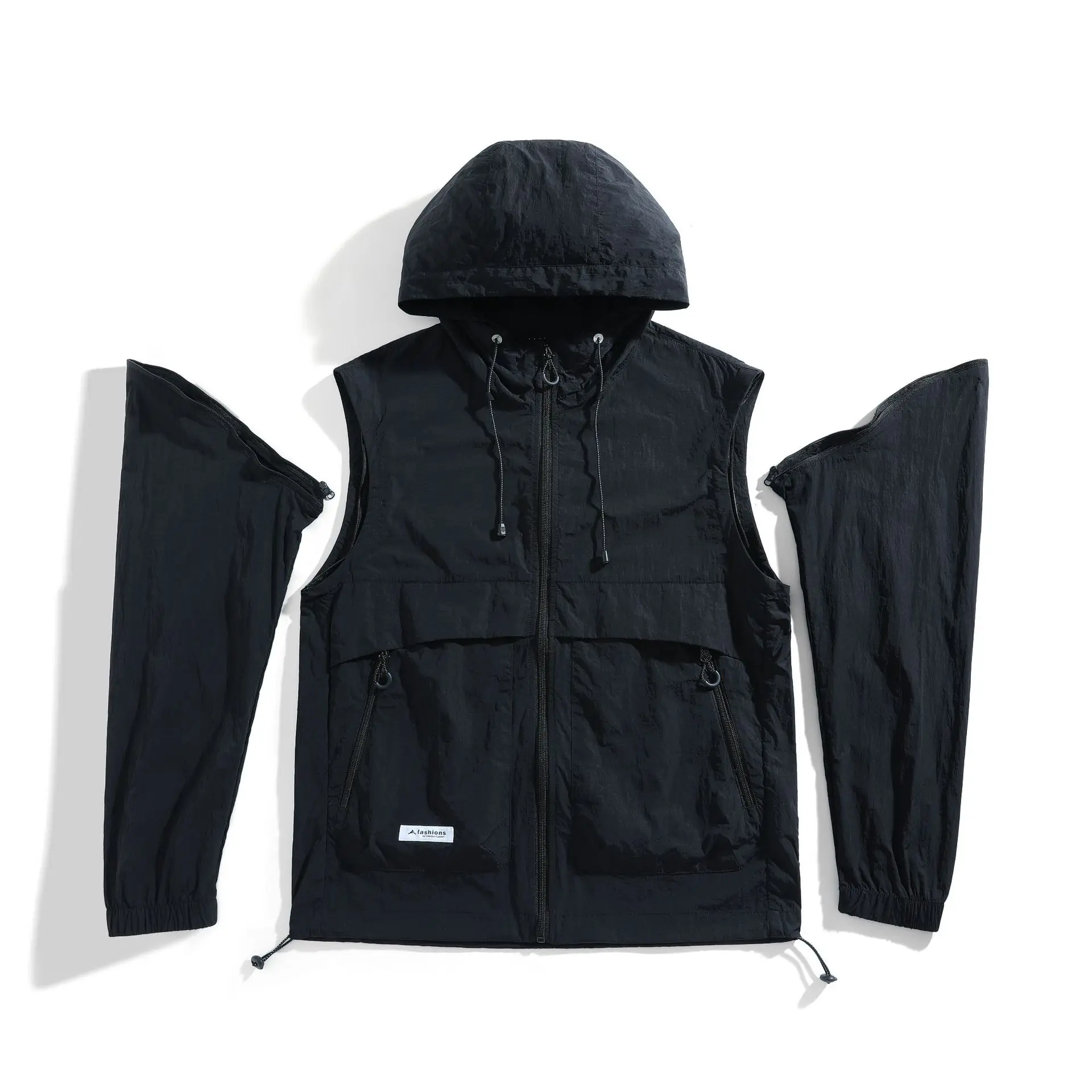 Detachable sleeve jacket, 2-in-1 convertible vest, lightweight summer outdoor men's hooded clothing, UPF 50+ sun protection.