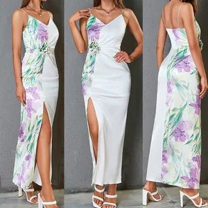 Wholesale Summer Purple Floral Printing Slim Fit High Slit V-neck Women Casual Stain Spaghetti Maxi Dresses