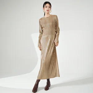 Miyake Pleated Women's Dress High Quality European and American Fashion Metallic Fabric Gorgeous Stretch Women's Evening Dress