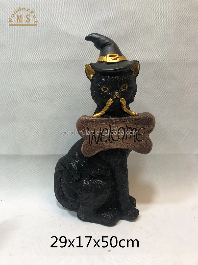Black cat with welcome ornaments Halloween ceramic animal statue porcelain cat pumpkin figurine for festival decoration gift