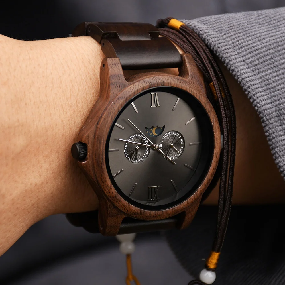 Wholesale Natural Handmade Moon Phase Wood Watch Japan Quartz Walnut Wooden  Watch for Men Montres En Bois
