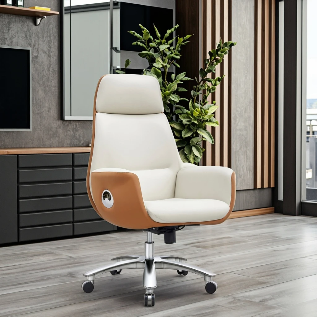 Modern Genuine PU Leather Executive Chair High Elastic Foam Chrome Lift Adjustable Steel Base Office Furniture 2