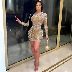 Новинка 2021 тренд Прямая поставка летние и осенние женские Роскошные платья с длинным рукавом горячее тиснение блестящие со стразами для ночного