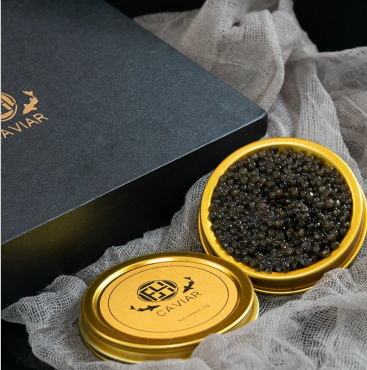 Wholesale metal 50g gold round empty caviar tin box spoon custom caviar tins can for caviar packing with tin lid supplier