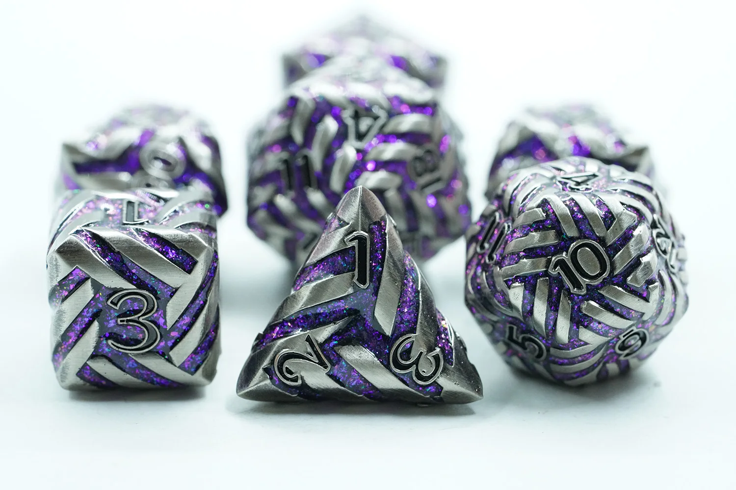 7pcs Polyhedral Metal Dice Set for DND Games Zinc Alloy with Purple Sparkling Mica Stripe and Black Number details
