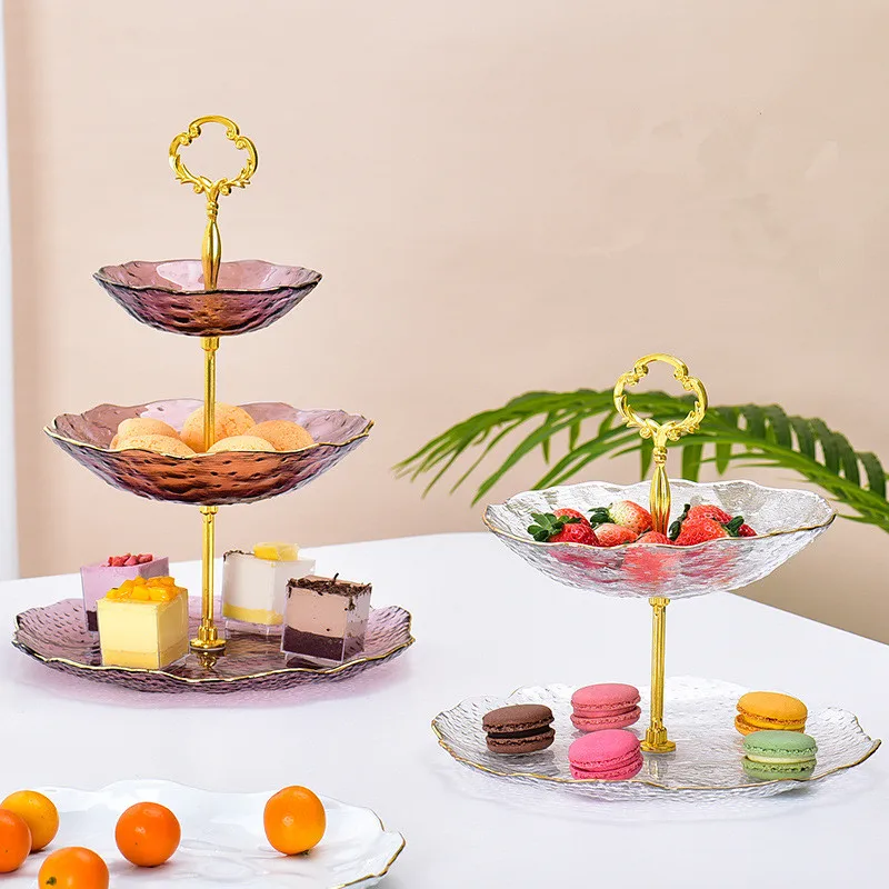 European -style Luxury Three -layer Fruit Glass Dish Creative Living Room  Cake Candy Dessert Shelf Snack Tray with Gold Rim