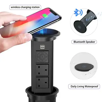New Design Smart Power Outlet Motorized Pop Up Socket Electrical Outlets with 15W Wireless Charger Kitchen Office UK Plug