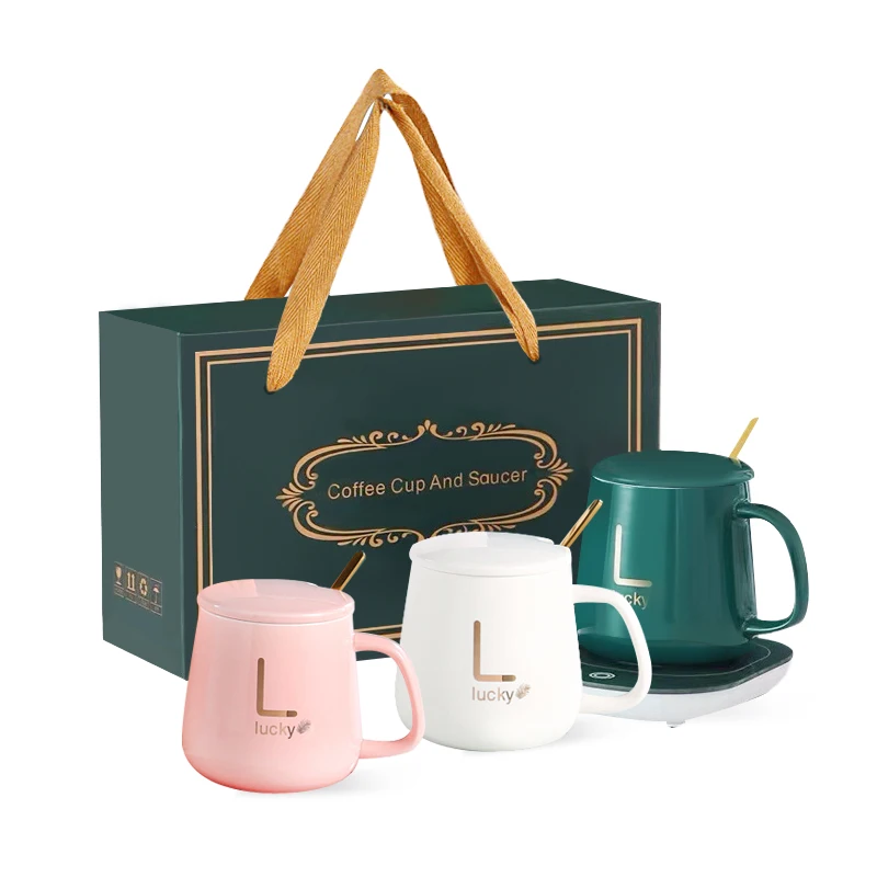Promotional Gift Package Set 400ml Keep Hot 55 Degree Porcelain Warm Cup Ceramic Mug With USB Charging Heating Pad