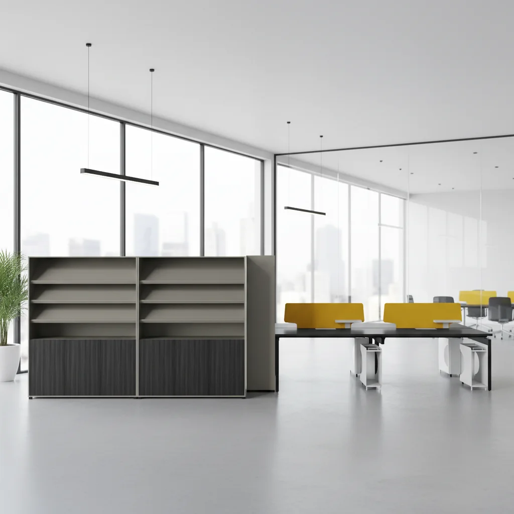 Modern Wood Open Office Desk Steel Frame Angled Cabinet Setup Professional Workspace Ergonomic Features Business Desk Desk 5