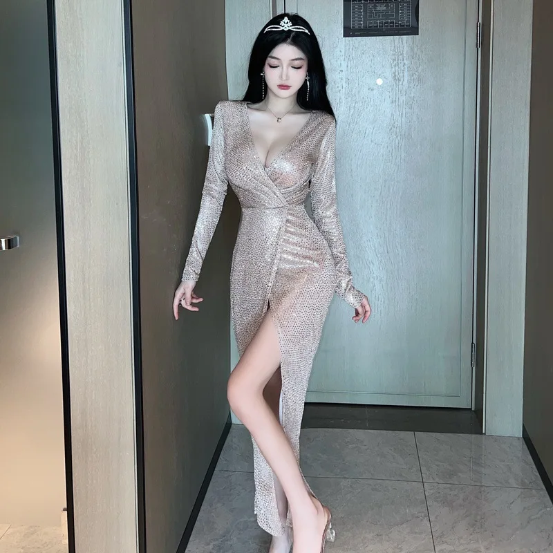 Fashion Crystal Evening Clothing Tops 2024 New Heavy Sequins V Neck High Waist Elegant Long Dress Sexy Women Party Dresses 35W9 9