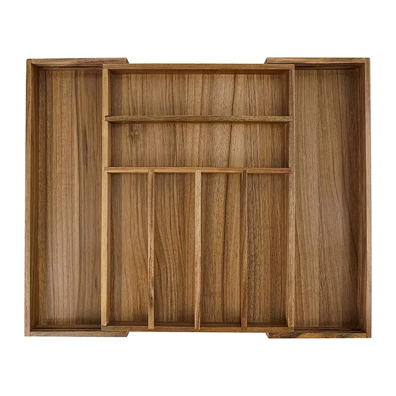 product expandable cutlery tray acacia wood silverware kitchen silverware wooden drawer organizer kitchen utensil tray storage holder-6