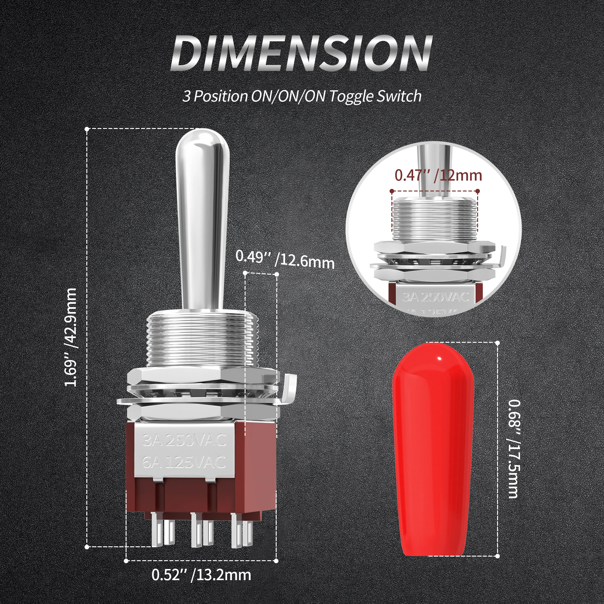Carling On-On-On 3 Position DPDT Mini Toggle Switch w. Short Bat - Chr