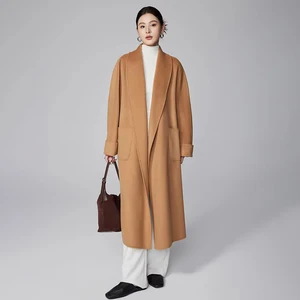 Shawl Collar Loose Bathrobe Style Double-sided Cashmere Coat for Women Winter Lace up Long Knee Length Wool Jacket