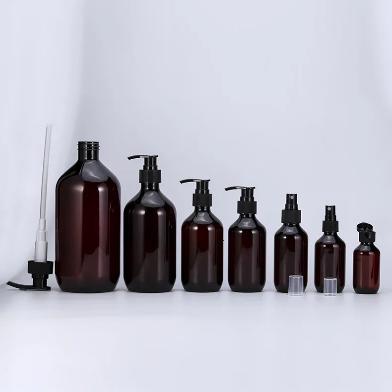 Long Neck 100ml 200ml 500ml Amber PET Plastic Pump Bottles for Shampoo Lotion Face Masks Skin Care Serum