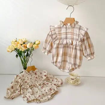 Sweet Newborn Baby Girl Flower Romper 0-3Years Princess Kids Long Sleeve Ruffles Plaid Body Suit Cotton Jumpsuit Outfits Clothes