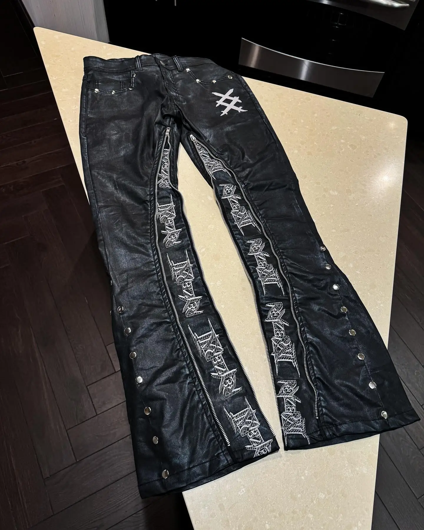 Custom Skinny Fit Elastic Streetwear Zipper Pu Flare Sweat Trousers Embroidery Lace up Faux Leather Stacked Pants for Men gallery 4