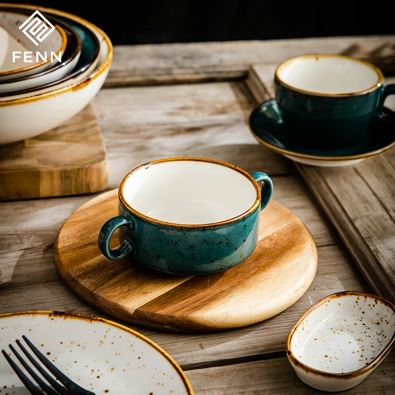 FENN High Quality Europe Soup Porridge Bowl Hotel Catering UsedSpeckled Blue Color Ceramic Soup Bowl With Two Handle