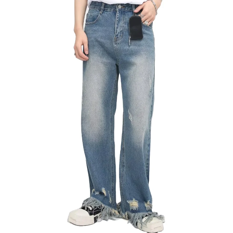 Custom Men 2023 Spring Ins Style Raw Edge Hole Ripped Bottom Loose Straight Jeans Male Boys Fashion Jeans Pant Design