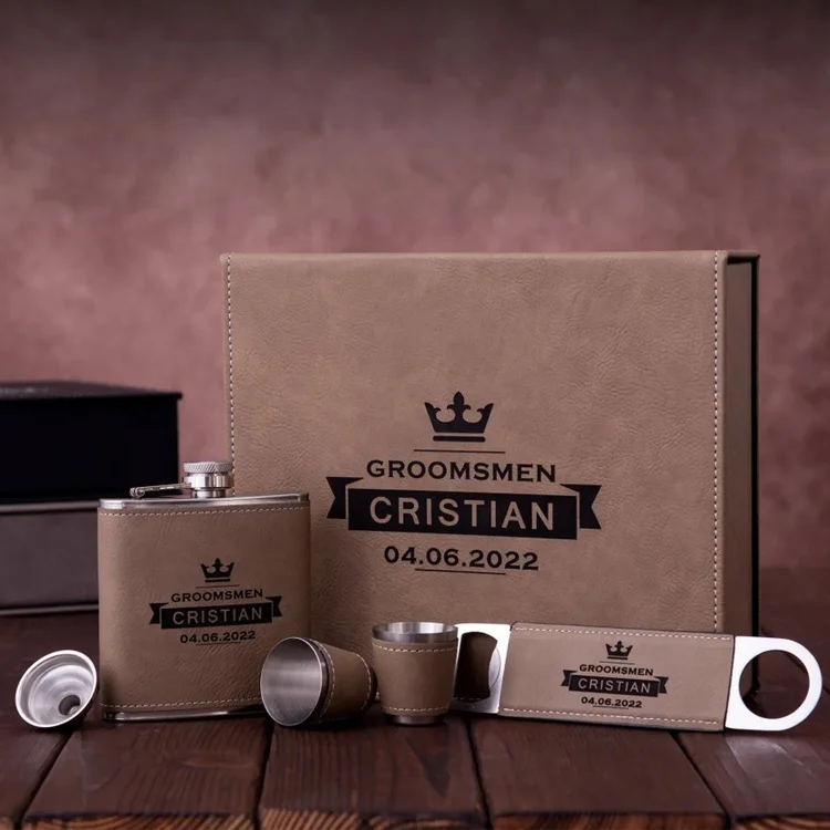 Personalized Custom 6oz Hip Flask and Bottle Opener Wedding Men Birthday Box Laser Engraved Leatherette Groomsmen Gift Set