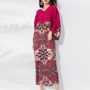 2025 Summer African Women Miyake Pleated Bat Sleeve Print Dress Women Fashion V Neck Color Block Elegant Dress