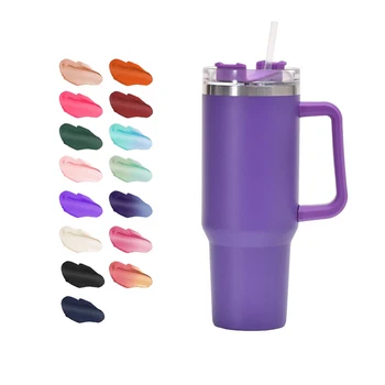 Bpa Free Portable Powder Coated Double Wall Vacuum 40oz Colorful Tumbler With Slide Lid and Straws