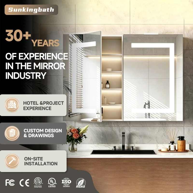 Modern Bathroom Vanity Cabinet Water Resistant Led Mirror Cabinet Anti-Fog Durable Bathroom Cabinet with Mirror & Soft Closing