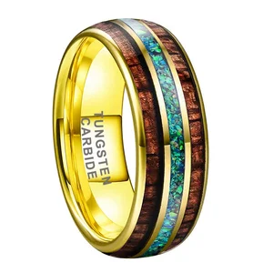Coolstyle Jewelry 8mm Green Opal Koa Wood Inlay Gold Tungsten Carbide Ring for Men Women Fashion Wedding Band Comfort Fit
