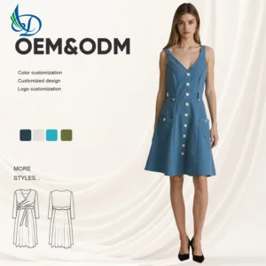 Retro Solid Color Denim Women's Dress, Button Decoration, Summer Casual Fashion
