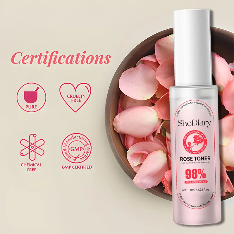 Private Label SheDiary Natural Organic Rosewater Facial Mist Organic Hydrating Skin Care Spray Natural Face Toner Rose Water