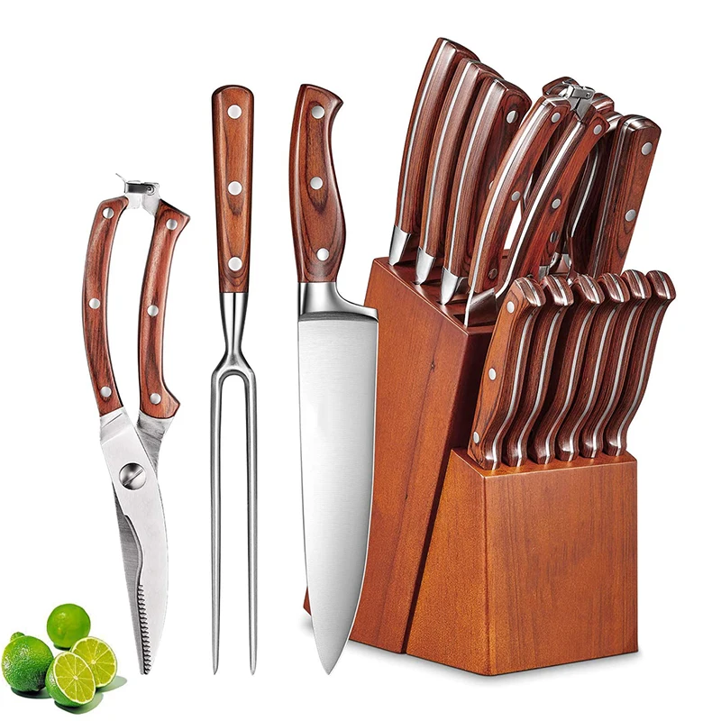 16 Pcs German Stainless Steel Kitchen Knife Set With Wooden Block And